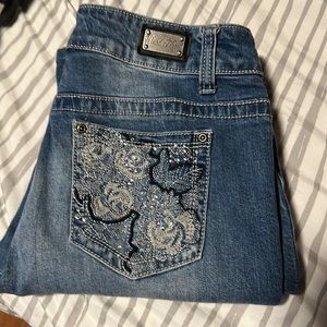Wired heart boot cut jeans with blinged floral jean pockets